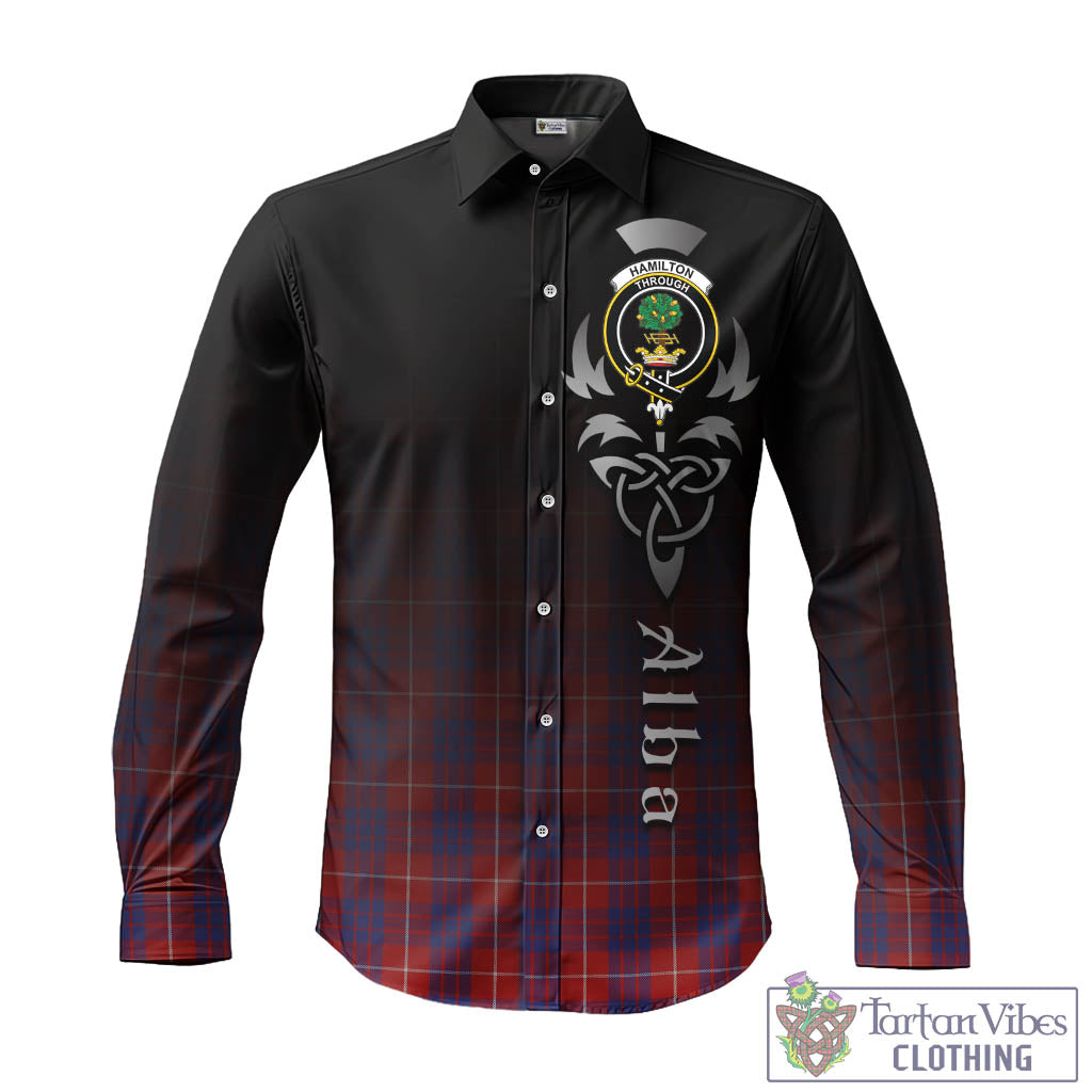 Tartan Vibes Clothing Hamilton Tartan Long Sleeve Button Up Featuring Alba Gu Brath Family Crest Celtic Inspired