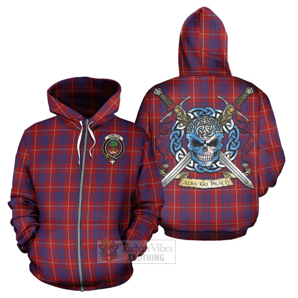 Tartan Vibes Clothing Hamilton Tartan Hoodie with Family Crest Celtic Skull Style