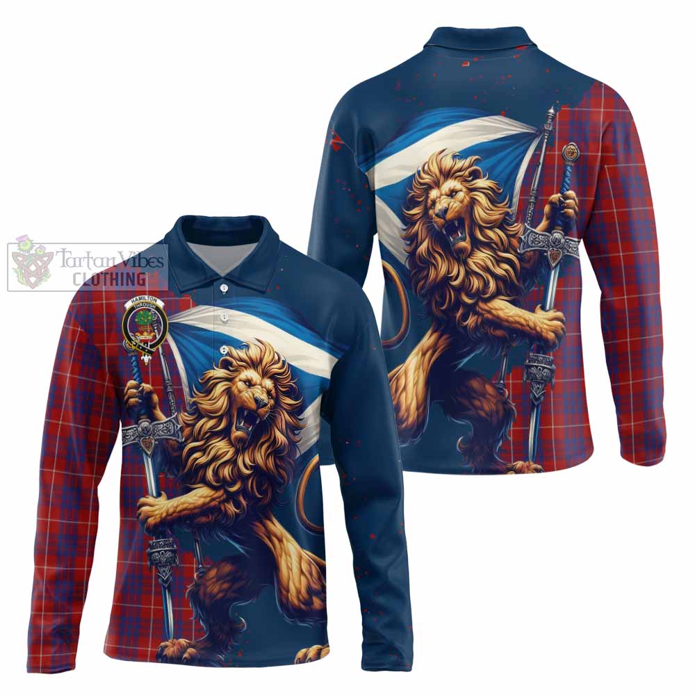 Tartan Vibes Clothing Hamilton Tartan Family Crest Long Sleeve Polo Shirt with Scottish Majestic Lion