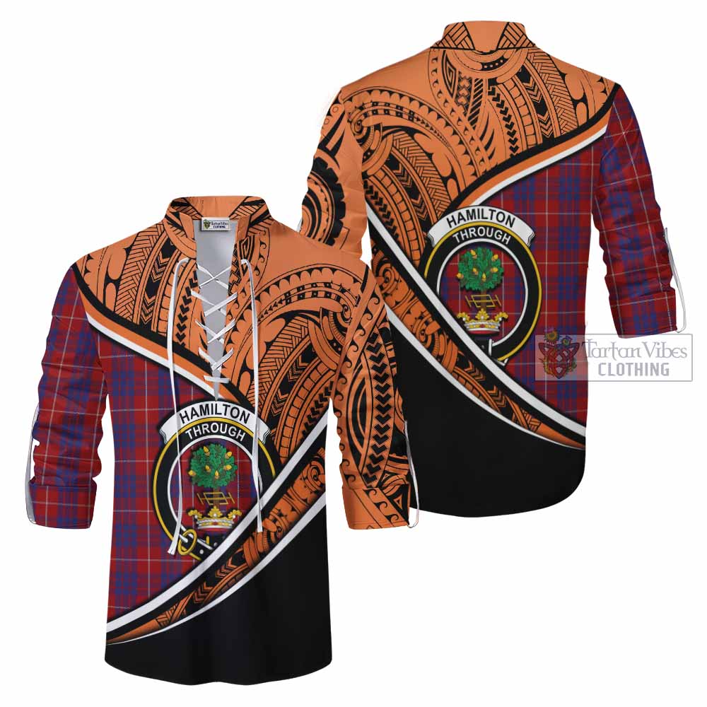 Tartan Vibes Clothing Hamilton Crest Tartan Ghillie Kilt Shirt with Maori Tattoo Style - Orange Version