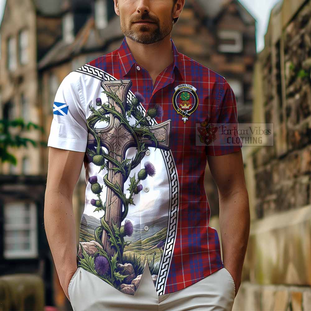 Tartan Vibes Clothing Hamilton Tartan Short Sleeve Button Shirt with Family Crest and St. Andrew's Cross Accented by Thistle Vines