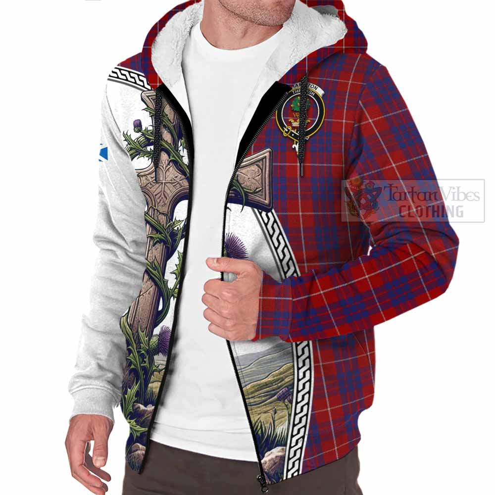 Tartan Vibes Clothing Hamilton Tartan Sherpa Hoodie with Family Crest and St. Andrew's Cross Accented by Thistle Vines