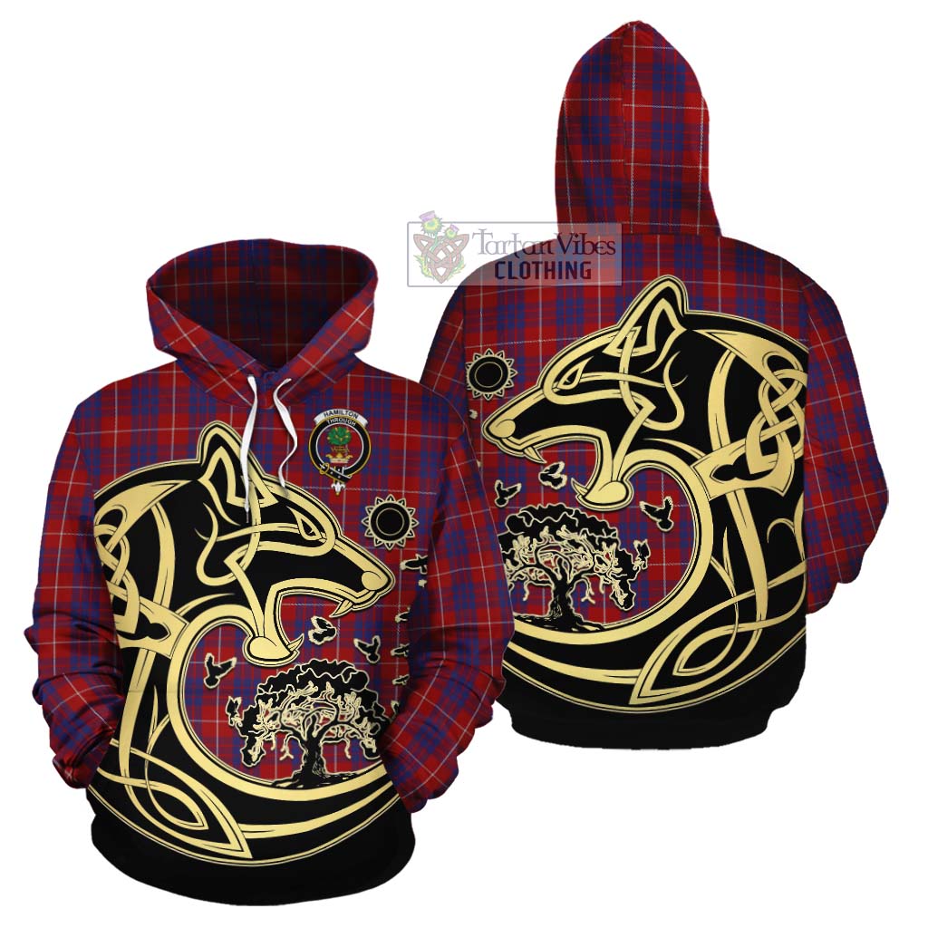 Tartan Vibes Clothing Hamilton Tartan Cotton Hoodie with Family Crest Celtic Wolf Style