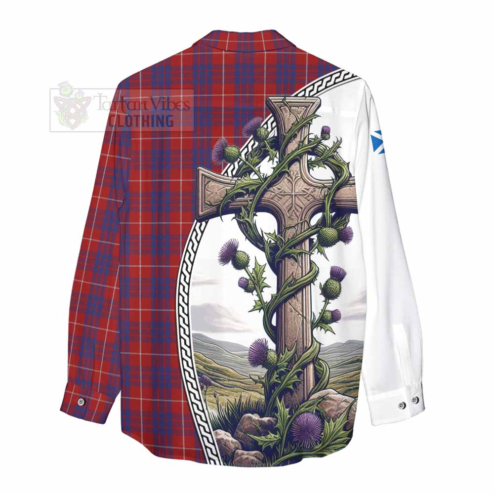 Tartan Vibes Clothing Hamilton Tartan Women's Casual Shirt with Family Crest and St. Andrew's Cross Accented by Thistle Vines