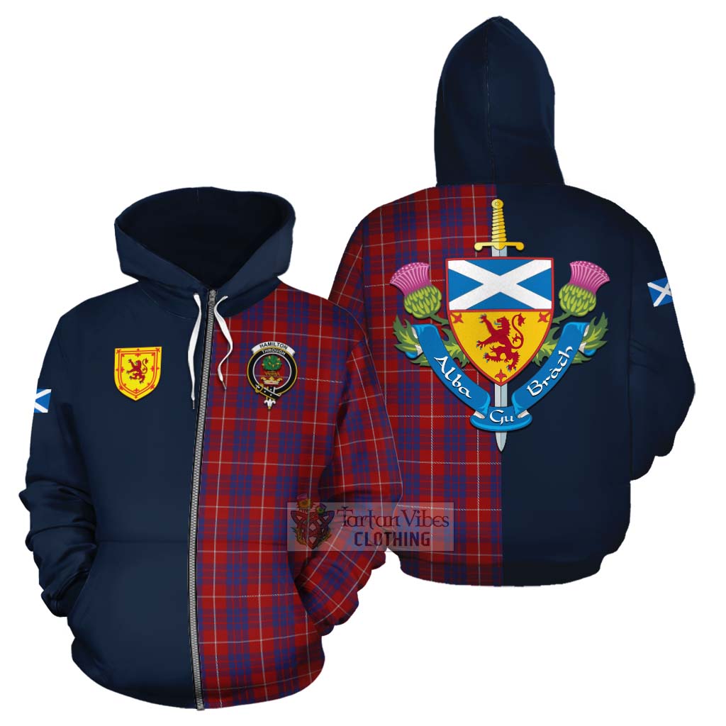 Tartan Vibes Clothing Hamilton Tartan Cotton Hoodie Alba with Scottish Lion Royal Arm Half Style