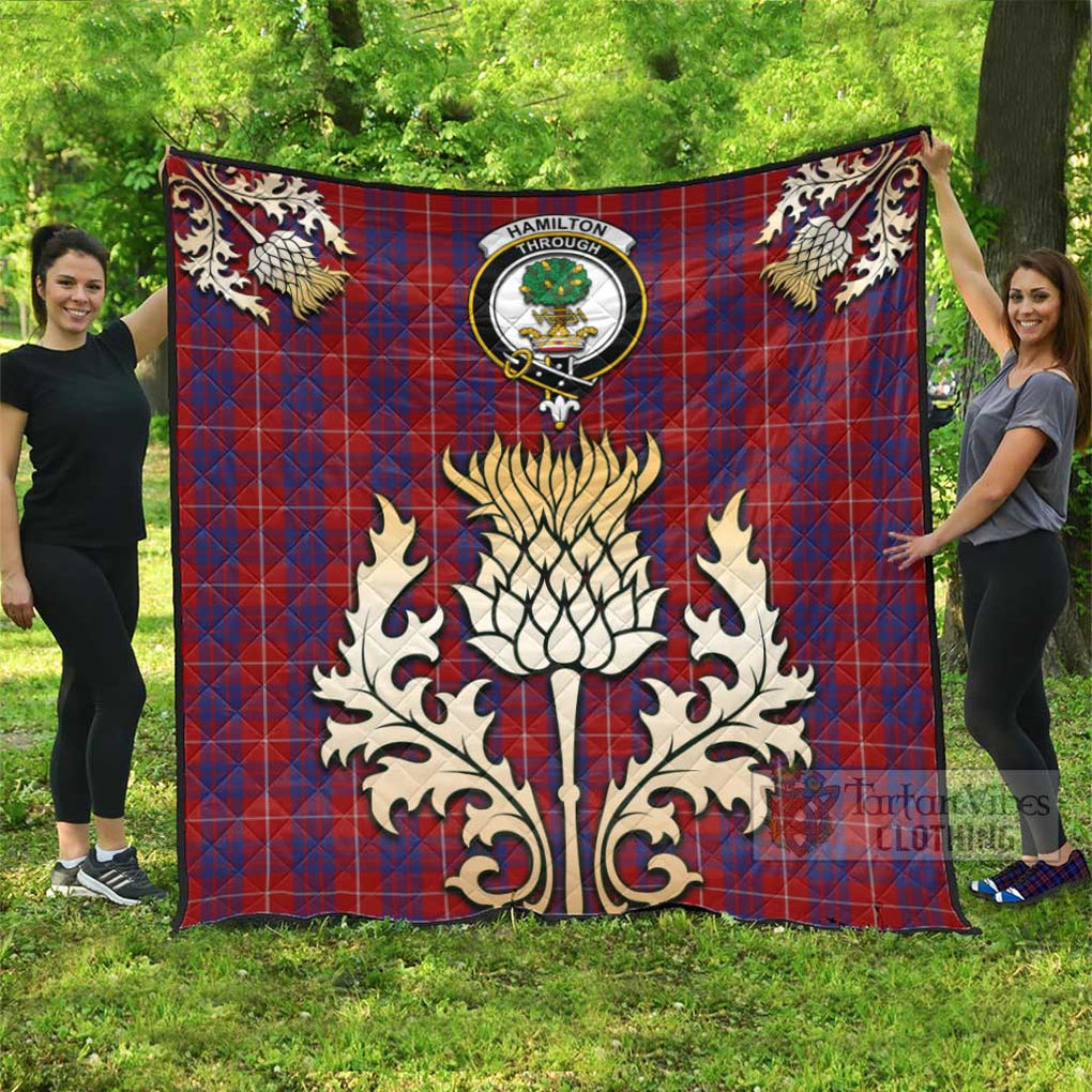 Tartan Vibes Clothing Hamilton Tartan Quilt with Family Crest and Golden Thistle Style