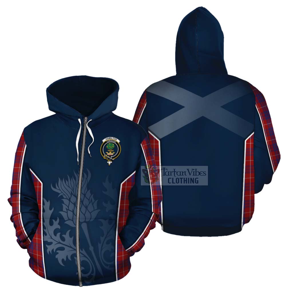 Tartan Vibes Clothing Hamilton Tartan Cotton Hoodie with Family Crest and Scottish Thistle Vibes Sport Style