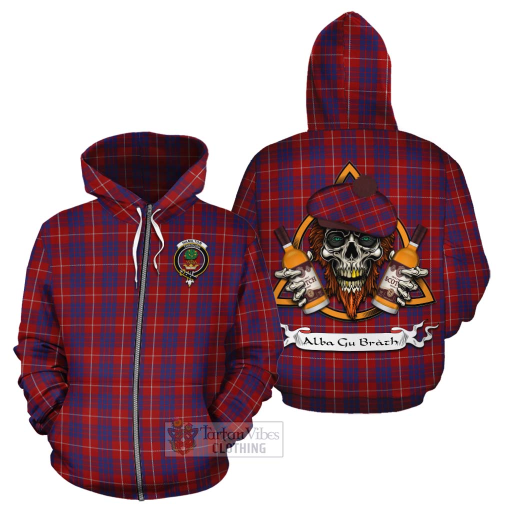 Tartan Vibes Clothing Hamilton Tartan Cotton Hoodie with Family Crest and Bearded Skull Holding Bottles of Whiskey