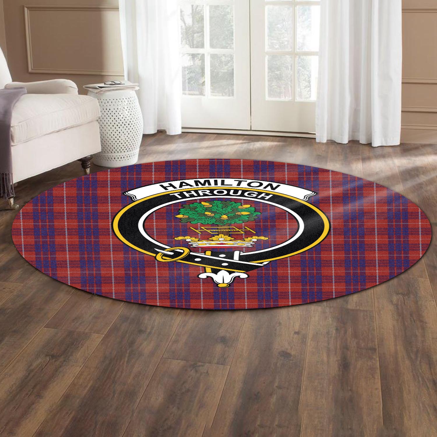 hamilton-tartan-round-rug-with-family-crest