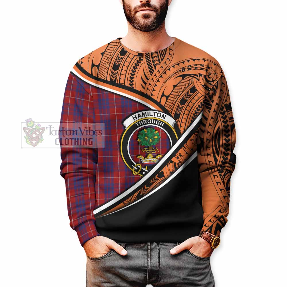 Tartan Vibes Clothing Hamilton Crest Tartan Sweatshirt with Maori Tattoo Style - Orange Version