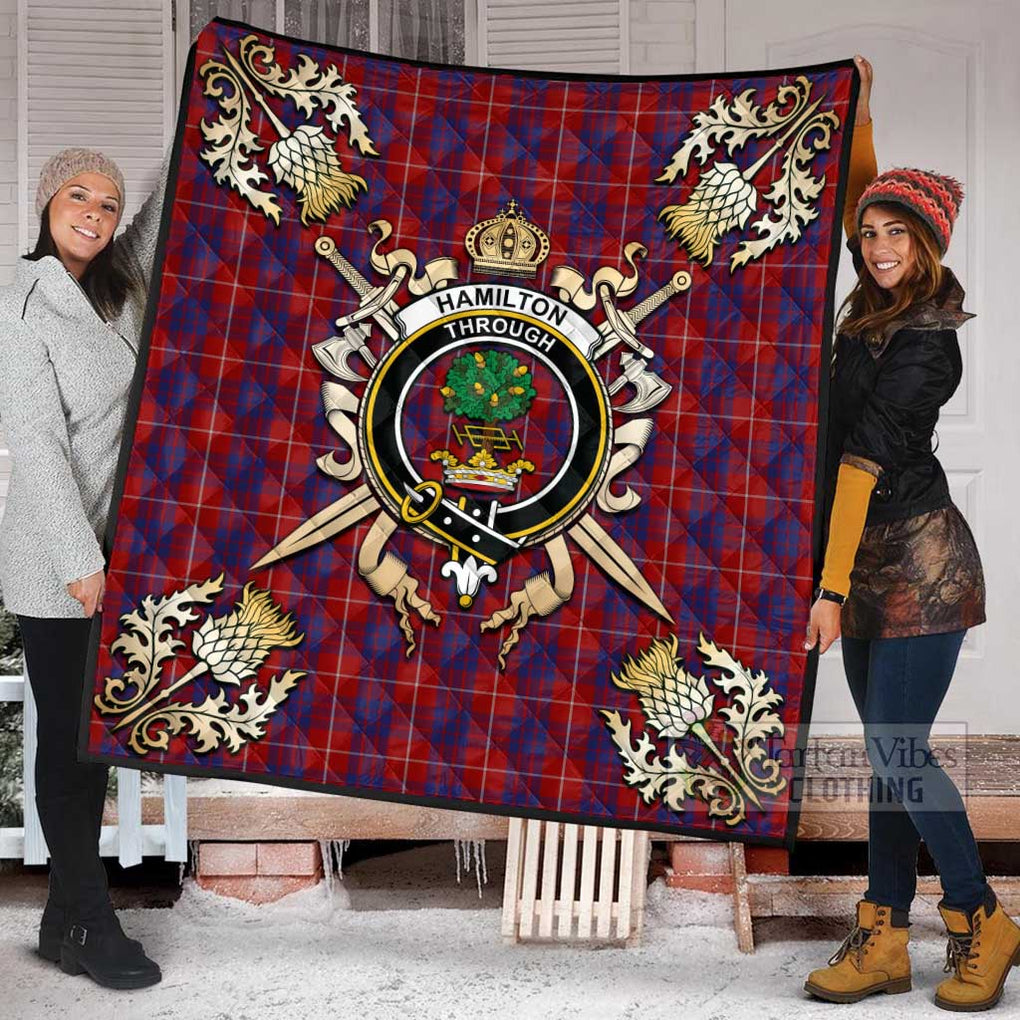 Tartan Vibes Clothing Hamilton Tartan Quilt with Family Crest and Scottish Golden Courage Shield