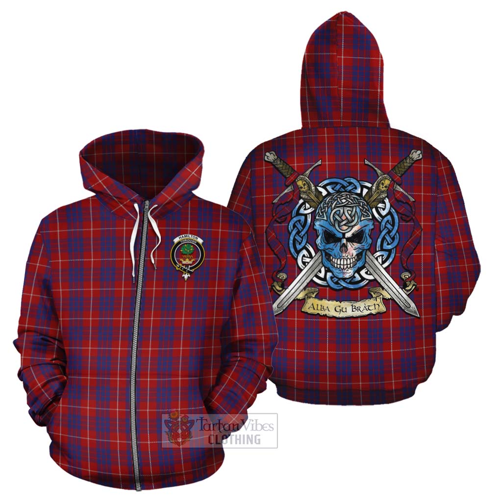 Tartan Vibes Clothing Hamilton Tartan Cotton Hoodie with Family Crest Celtic Skull Style