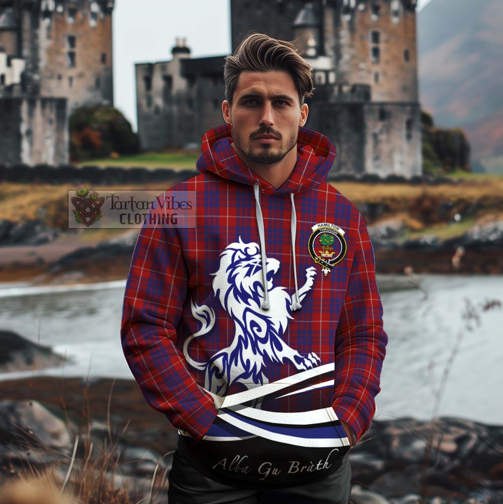 Tartan Vibes Clothing Hamilton Tartan Cotton Hoodie with Alba Gu Brath Regal Lion Emblem