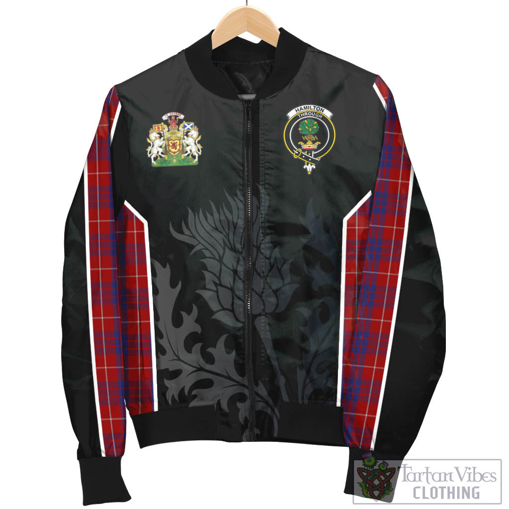 Tartan Vibes Clothing Hamilton Tartan Bomber Jacket with Family Crest and Scottish Thistle Vibes Sport Style