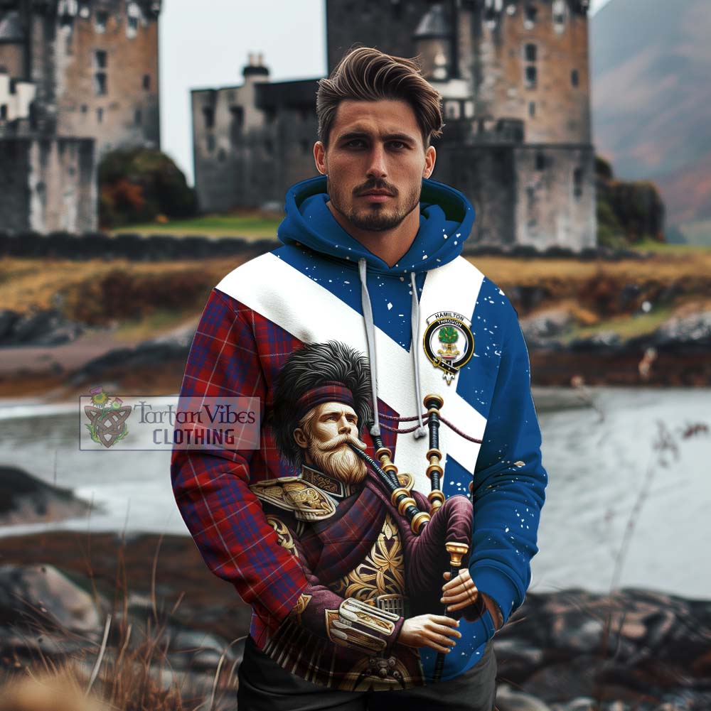 Tartan Vibes Clothing Hamilton Tartan Cotton Hoodie with Family Crest Scottish Bagpiper Vibes