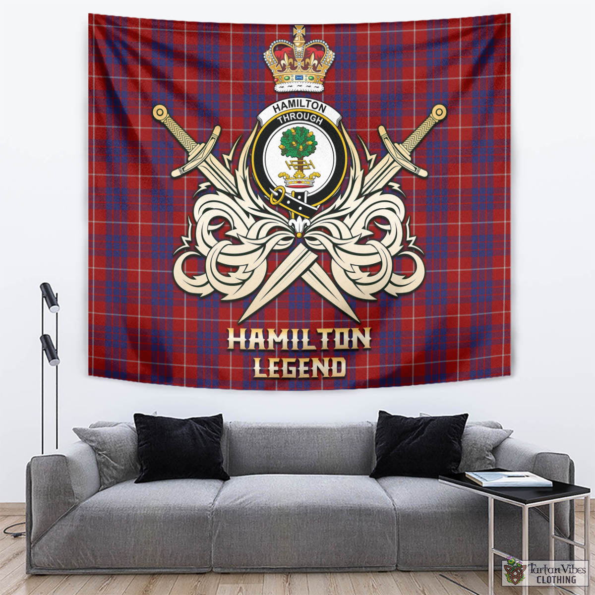 Tartan Vibes Clothing Hamilton Tartan Tapestry with Clan Crest and the Golden Sword of Courageous Legacy