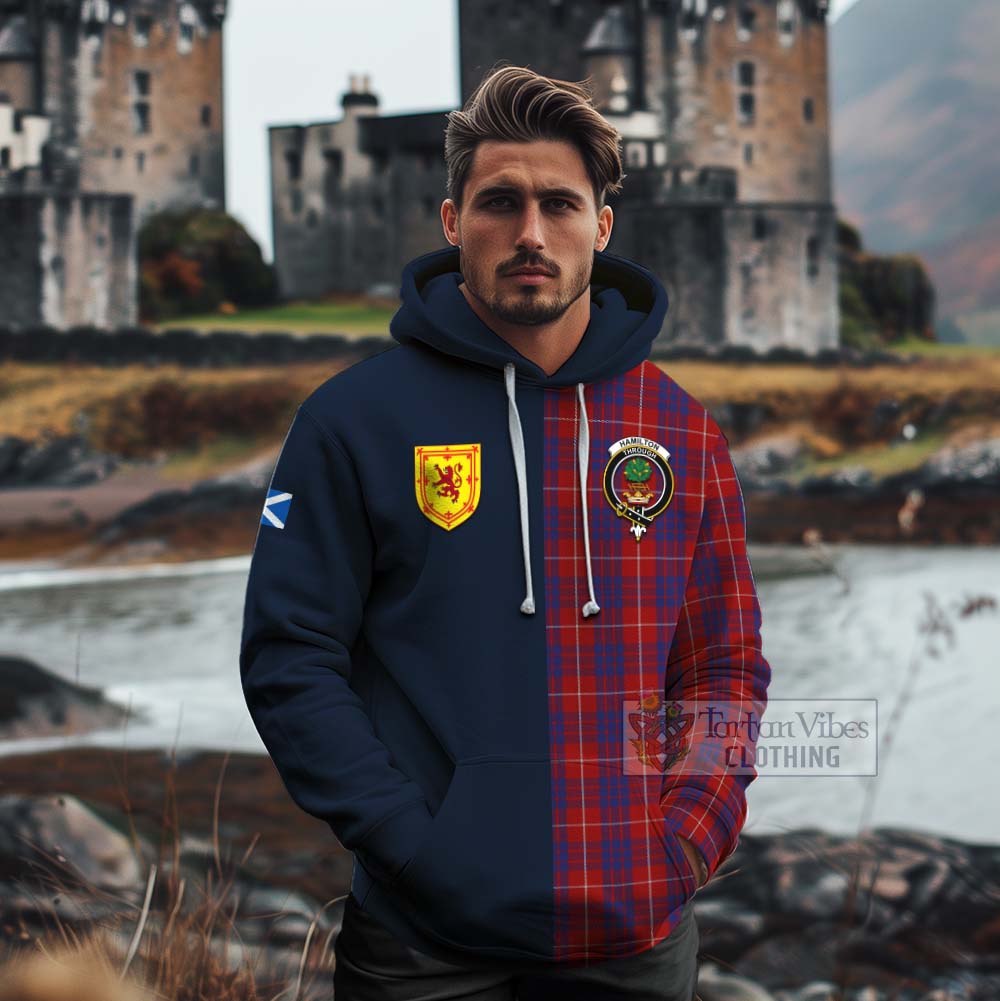 Tartan Vibes Clothing Hamilton Tartan Cotton Hoodie Alba with Scottish Lion Royal Arm Half Style