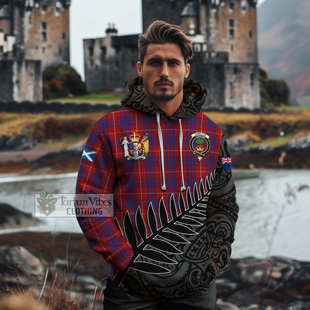 Tartan Vibes Clothing Hamilton Crest Tartan Cotton Hoodie with New Zealand Silver Fern Half Style