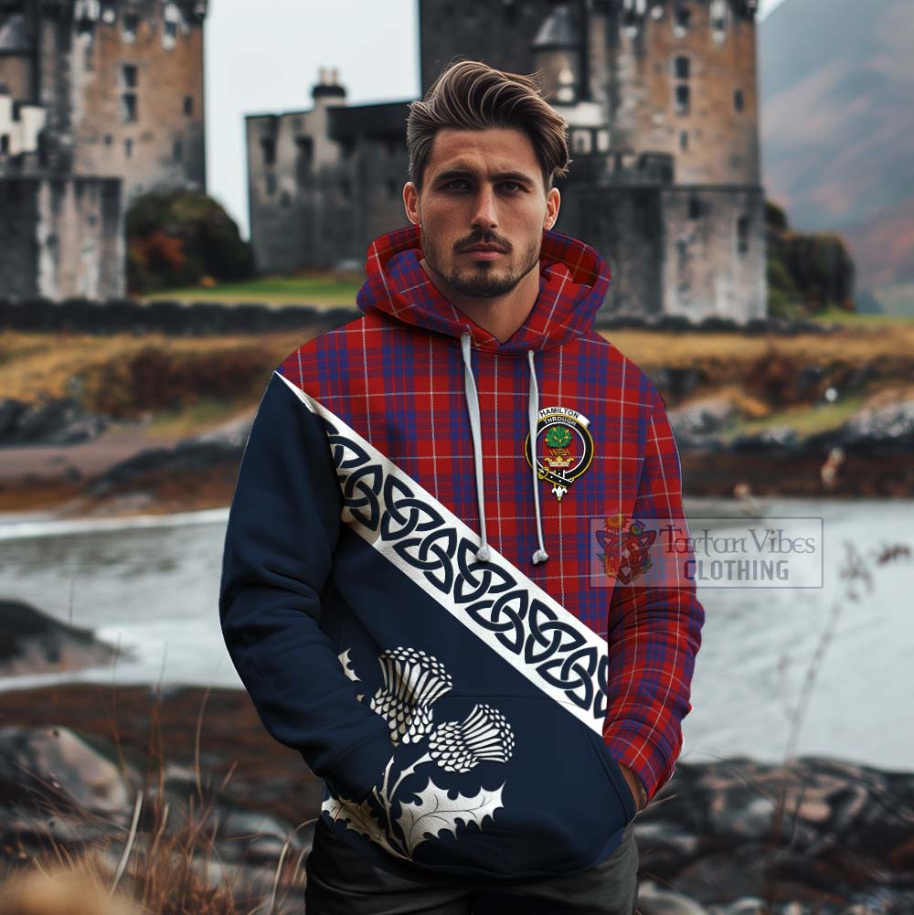 Tartan Vibes Clothing Hamilton Tartan Cotton Hoodie Featuring Thistle and Scotland Map