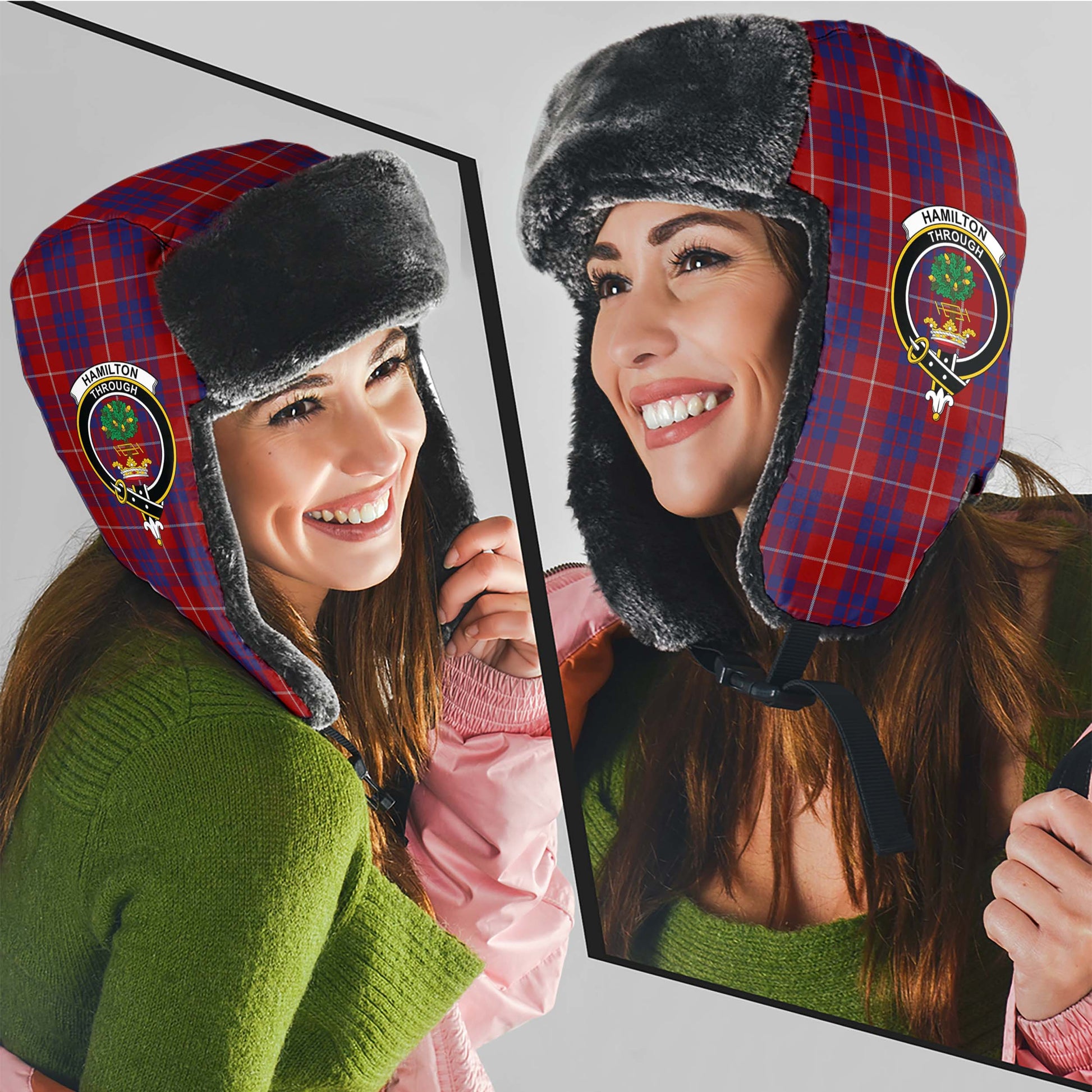 Hamilton Tartan Winter Trapper Hat with Family Crest - Tartanvibesclothing