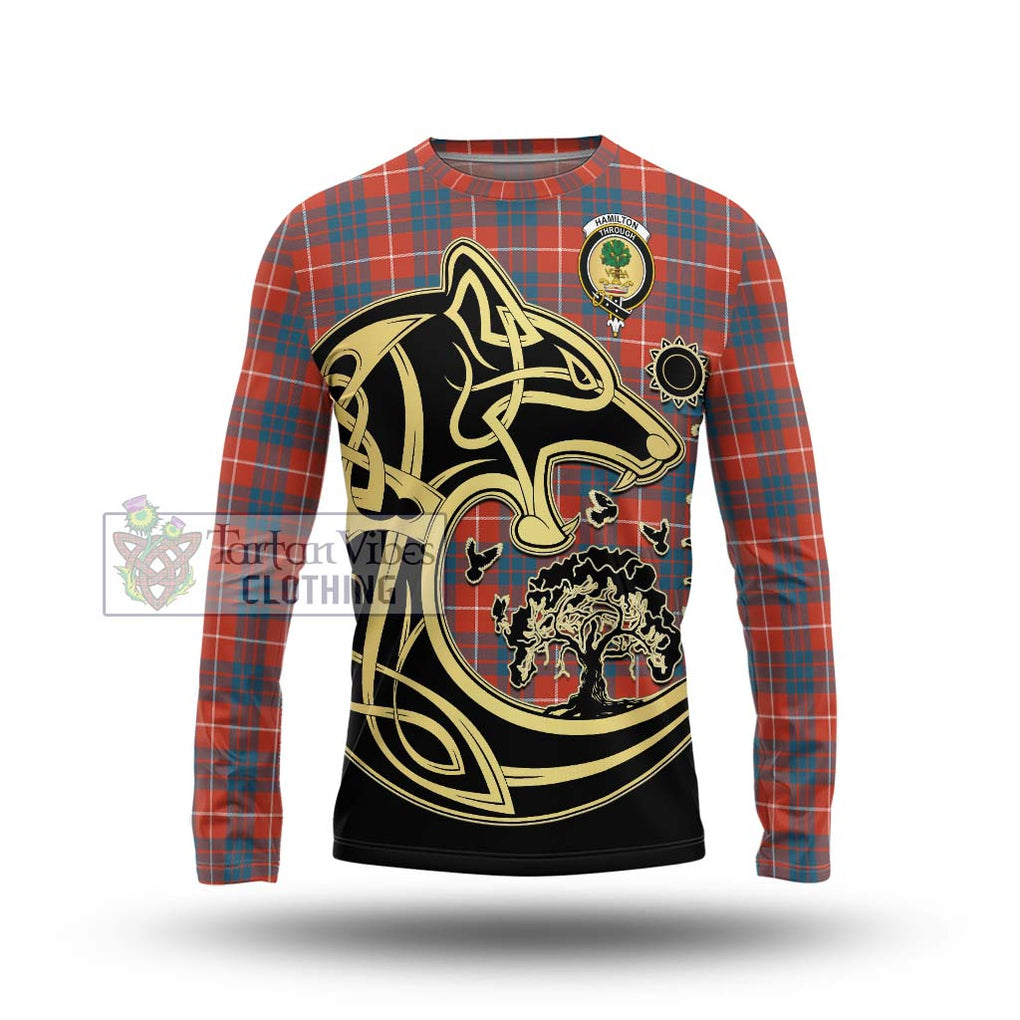 Hamilton Ancient Tartan Long Sleeve T-Shirt with Family Crest Celtic Wolf Style Unisex - Tartan Vibes Clothing