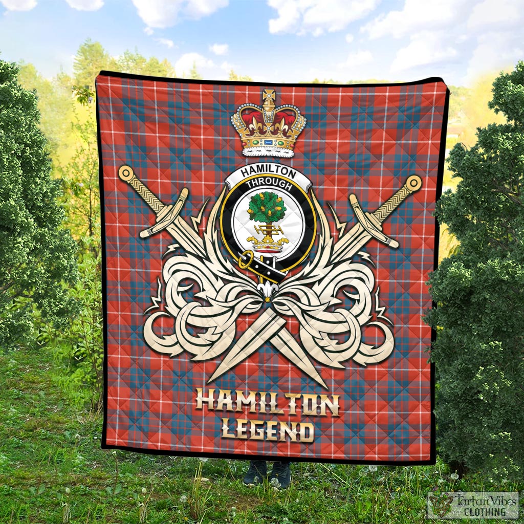 Tartan Vibes Clothing Hamilton Ancient Tartan Quilt with Clan Crest and the Golden Sword of Courageous Legacy