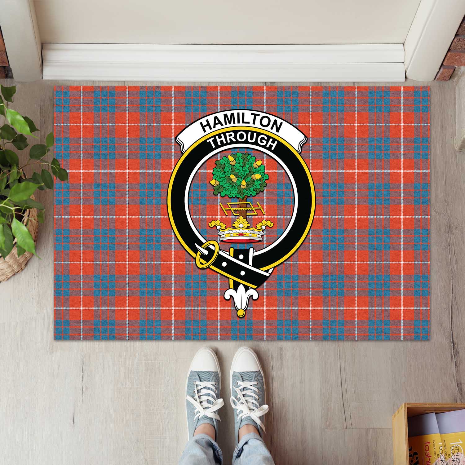 Hamilton Ancient Tartan Door Mat with Family Crest - Tartanvibesclothing