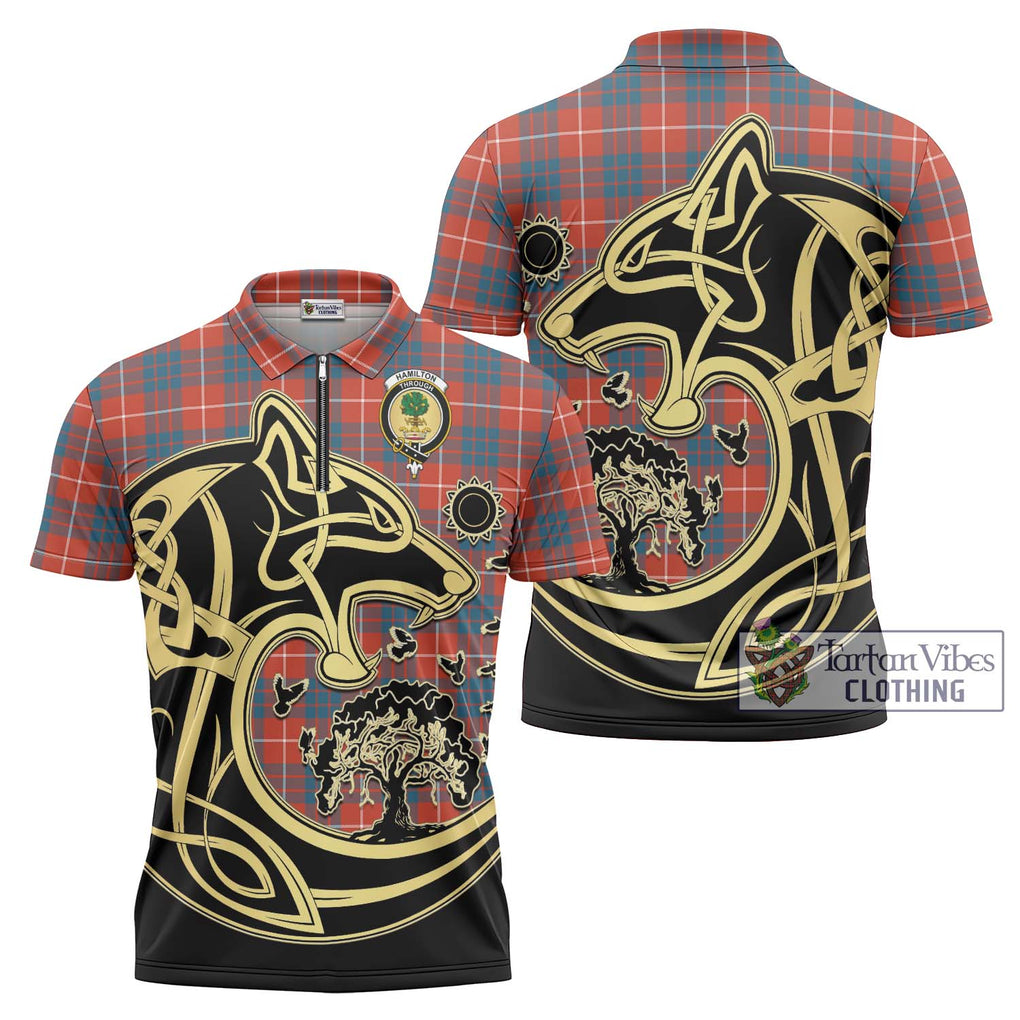 Hamilton Ancient Tartan Zipper Polo Shirt with Family Crest Celtic Wolf Style Unisex - Tartanvibesclothing Shop