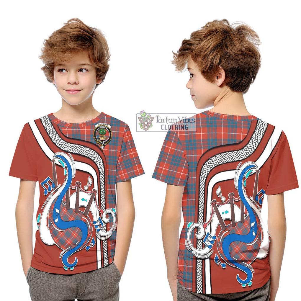 Tartan Vibes Clothing Hamilton Ancient Tartan Kid T-Shirt with Epic Bagpipe Style