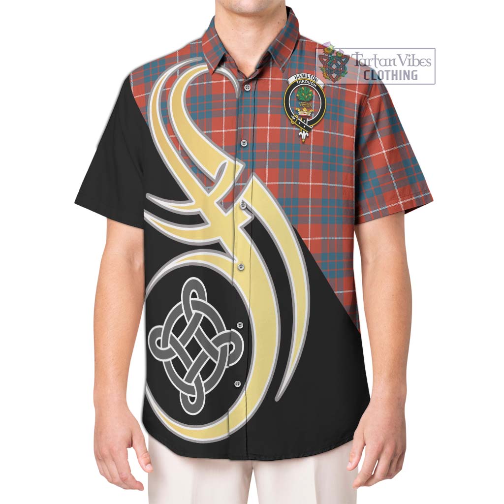 Hamilton Ancient Tartan Short Sleeve Button Shirt with Family Crest and Celtic Symbol Style Kid - Tartan Vibes Clothing