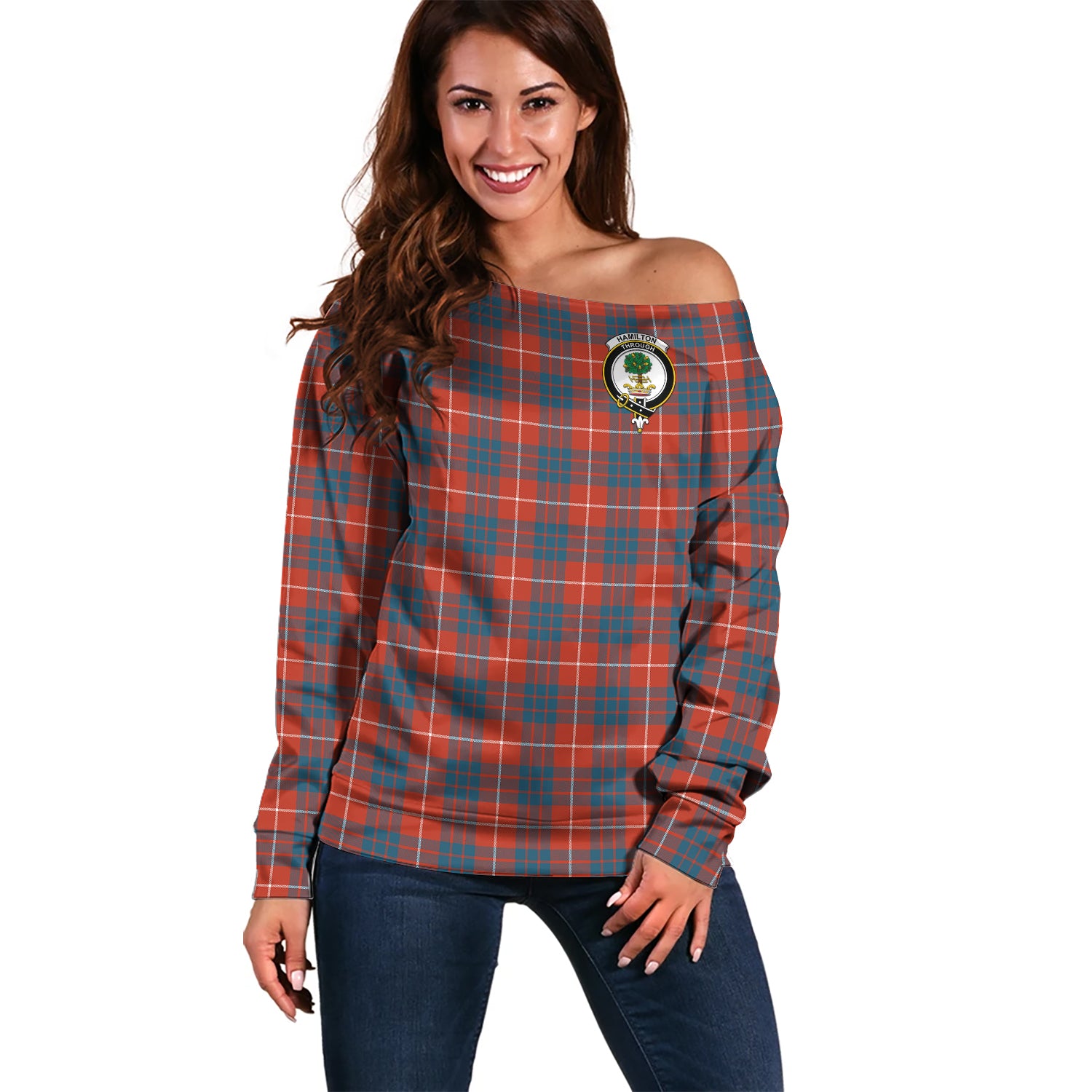 Hamilton Ancient Tartan Off Shoulder Women Sweater with Family Crest Women - Tartanvibesclothing