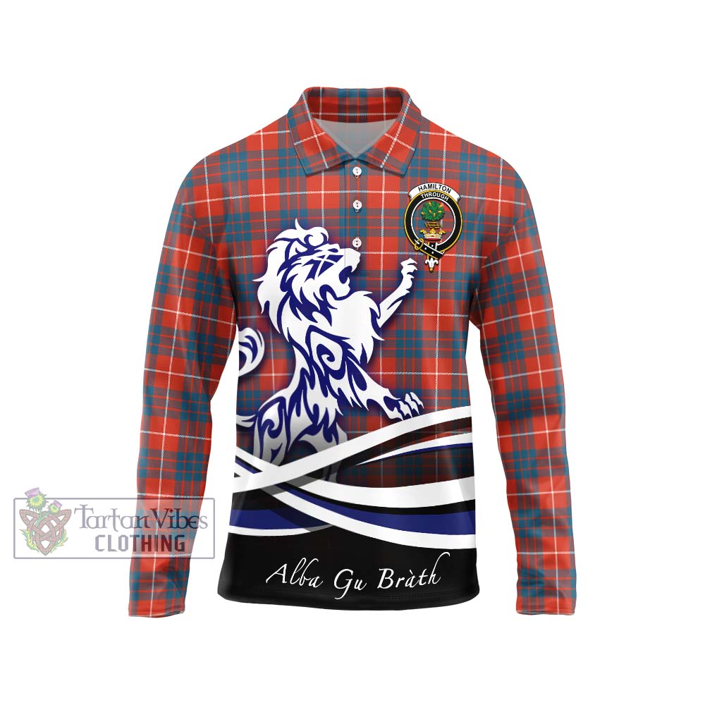 Hamilton Ancient Tartan Long Sleeve Polo Shirt with Alba Gu Brath Regal Lion Emblem Unisex - Tartanvibesclothing Shop