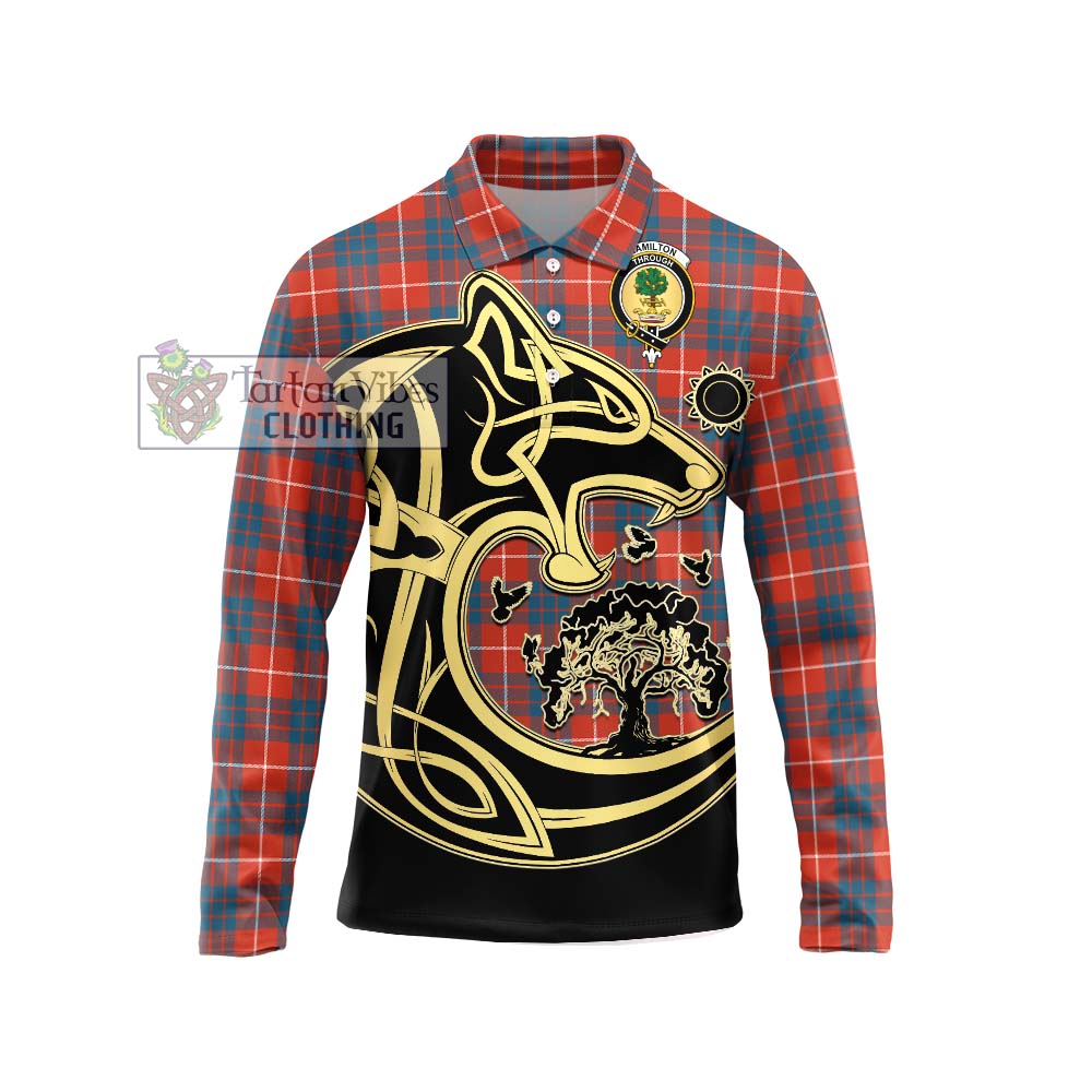 Hamilton Ancient Tartan Long Sleeve Polo Shirt with Family Crest Celtic Wolf Style Unisex - Tartanvibesclothing Shop