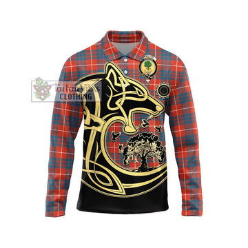 Hamilton Ancient Tartan Long Sleeve Polo Shirt with Family Crest Celtic Wolf Style