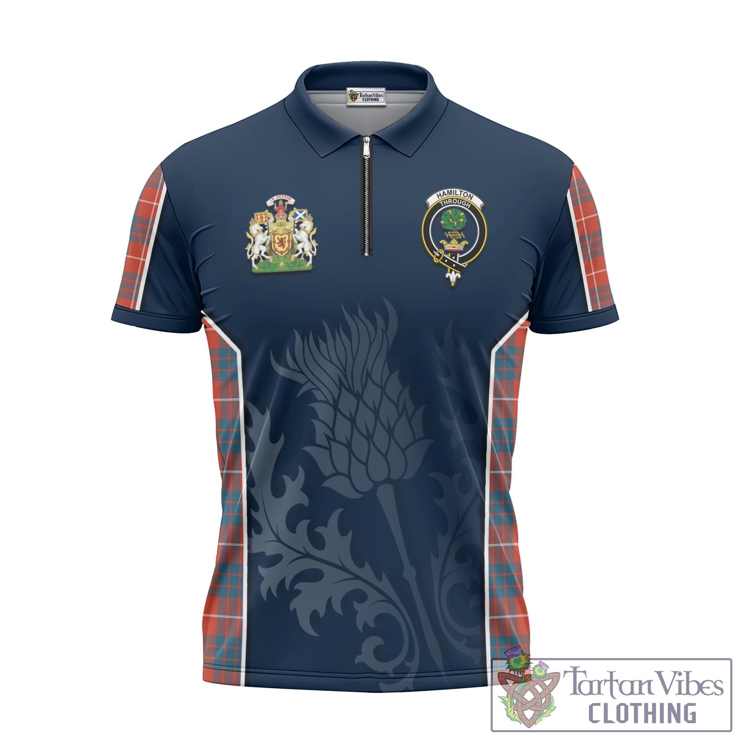 Tartan Vibes Clothing Hamilton Ancient Tartan Zipper Polo Shirt with Family Crest and Scottish Thistle Vibes Sport Style