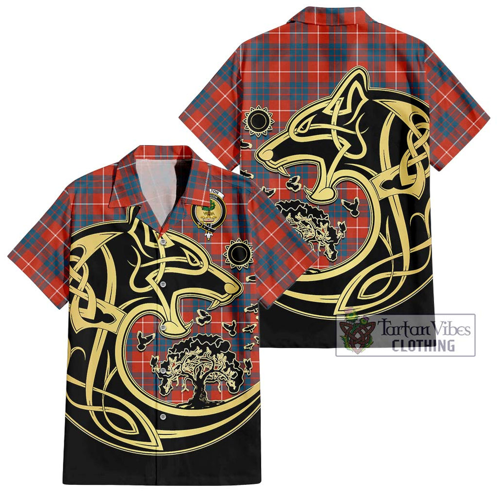 Hamilton Ancient Tartan Short Sleeve Button Shirt with Family Crest Celtic Wolf Style Kid - Tartan Vibes Clothing