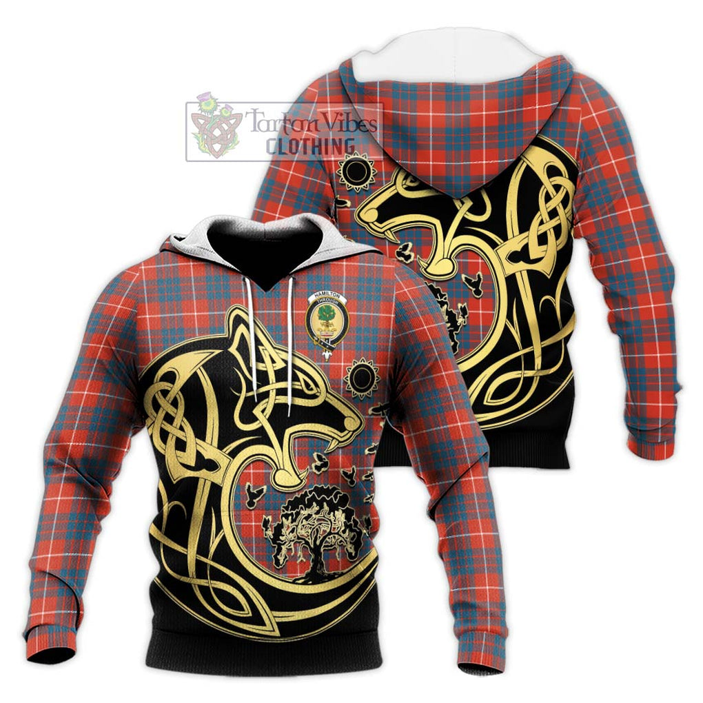 Hamilton Ancient Tartan Knitted Hoodie with Family Crest Celtic Wolf Style Unisex Knitted Pullover Hoodie - Tartan Vibes Clothing