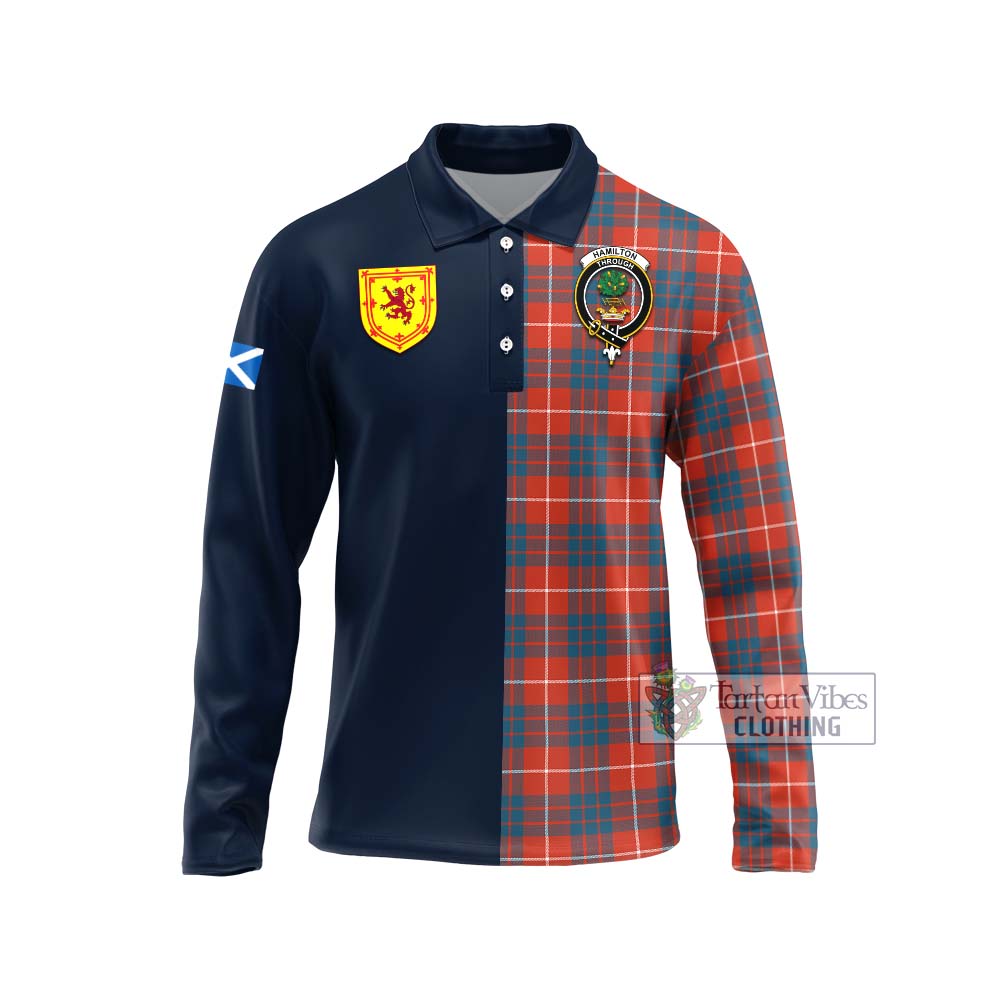 Tartan Vibes Clothing Hamilton Ancient Tartan Long Sleeve Polo Shirt with Scottish Lion Royal Arm Half Style