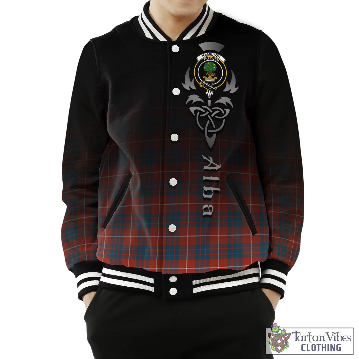 Tartan Vibes Clothing Hamilton Ancient Tartan Baseball Jacket Featuring Alba Gu Brath Family Crest Celtic Inspired