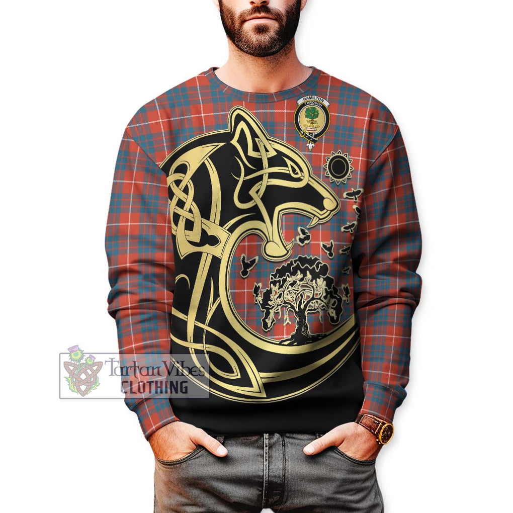 Hamilton Ancient Tartan Sweatshirt with Family Crest Celtic Wolf Style Unisex - Tartan Vibes Clothing