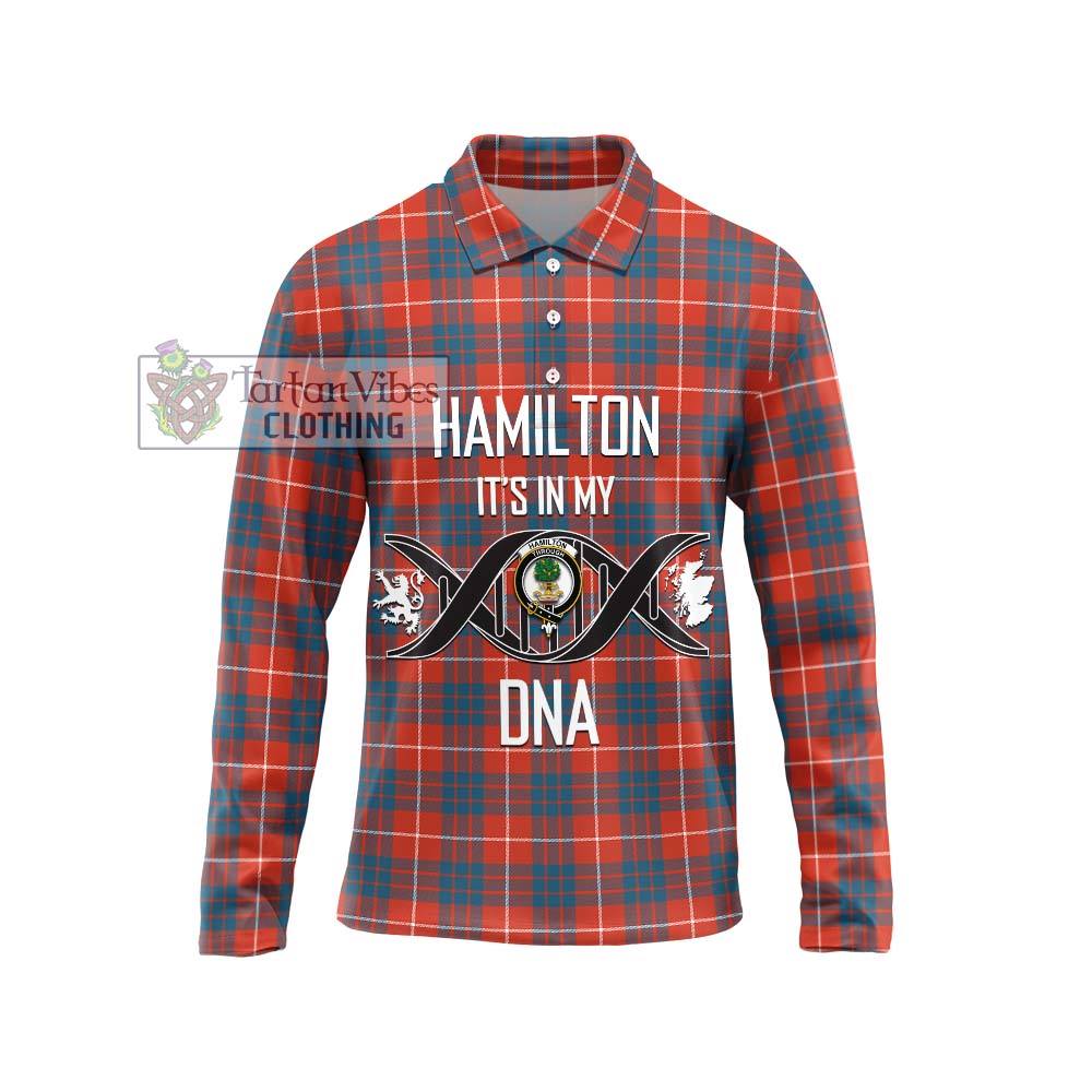 Hamilton Ancient Tartan Long Sleeve Polo Shirt with Family Crest DNA In Me Style Unisex - Tartanvibesclothing Shop