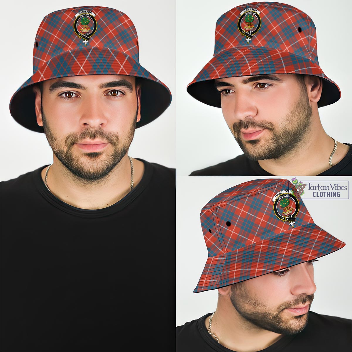 Tartan Vibes Clothing Hamilton Ancient Tartan Bucket Hat with Family Crest