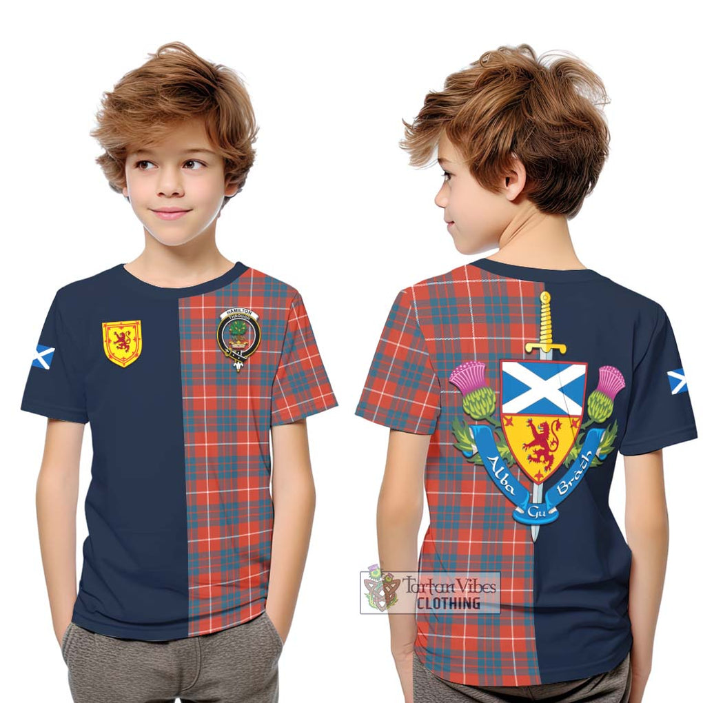 Tartan Vibes Clothing Hamilton Ancient Tartan Kid T-Shirt with Scottish Lion Royal Arm Half Style