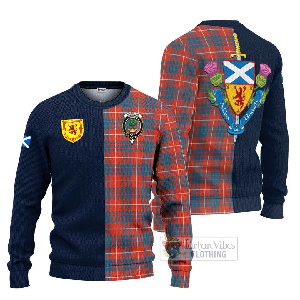 Tartan Vibes Clothing Hamilton Ancient Tartan Knitted Sweater with Scottish Lion Royal Arm Half Style