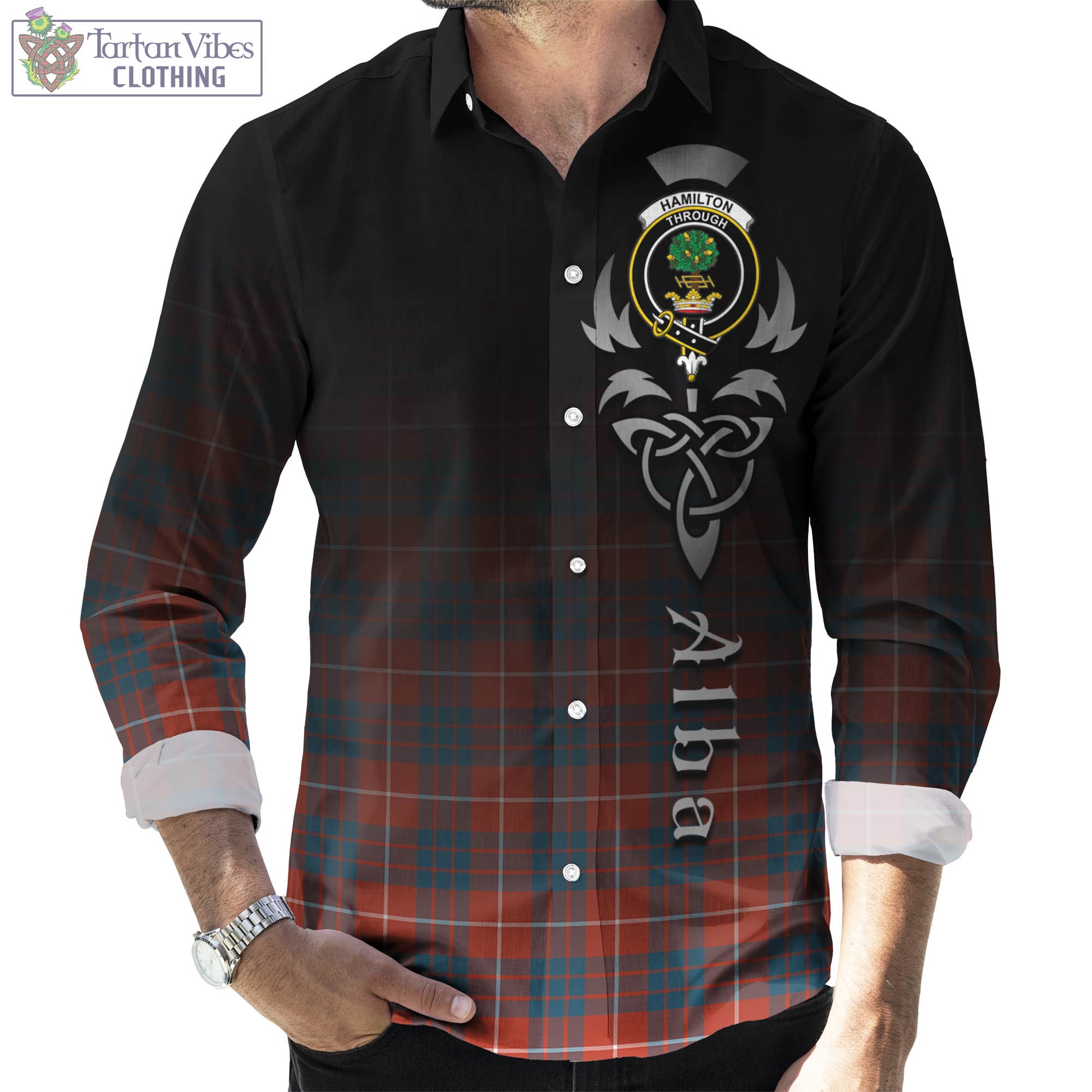 Tartan Vibes Clothing Hamilton Ancient Tartan Long Sleeve Button Up Featuring Alba Gu Brath Family Crest Celtic Inspired