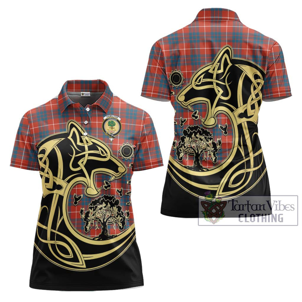 Hamilton Ancient Tartan Women's Polo Shirt with Family Crest Celtic Wolf Style Women - Tartanvibesclothing Shop