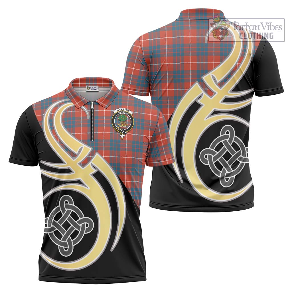 Tartan Vibes Clothing Hamilton Ancient Tartan Zipper Polo Shirt with Family Crest and Celtic Symbol Style