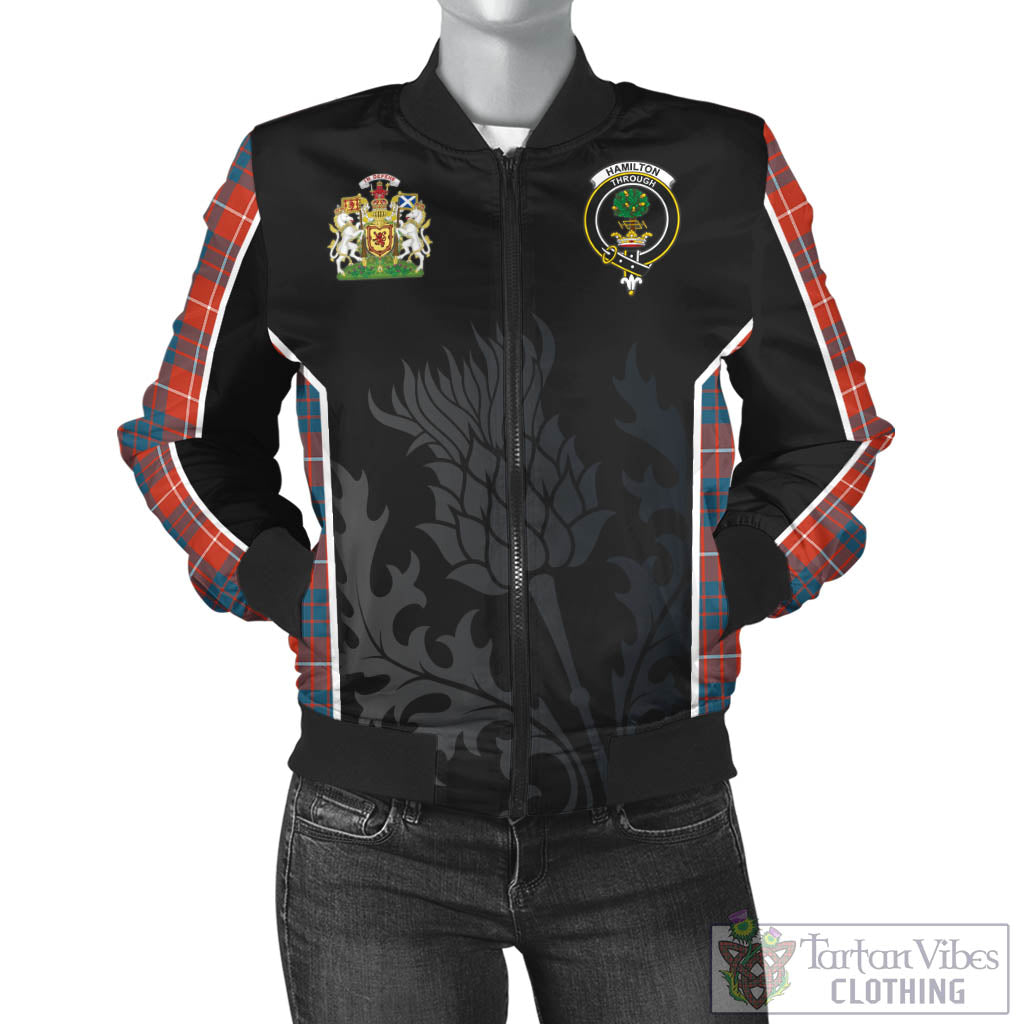 Tartan Vibes Clothing Hamilton Ancient Tartan Bomber Jacket with Family Crest and Scottish Thistle Vibes Sport Style