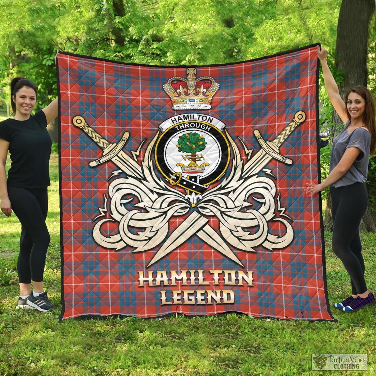 Tartan Vibes Clothing Hamilton Ancient Tartan Quilt with Clan Crest and the Golden Sword of Courageous Legacy