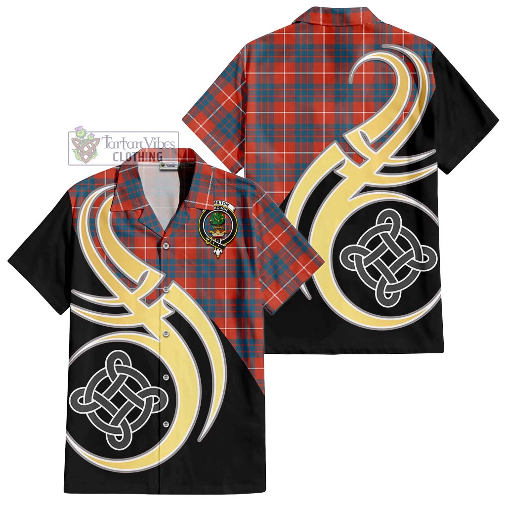 Hamilton Ancient Tartan Short Sleeve Button Shirt with Family Crest and Celtic Symbol Style - Tartan Vibes Clothing